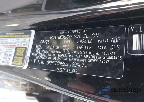 2025 Kia K4 Lxs from USA, damaged, VIN 3KPFT4DE8SE139687